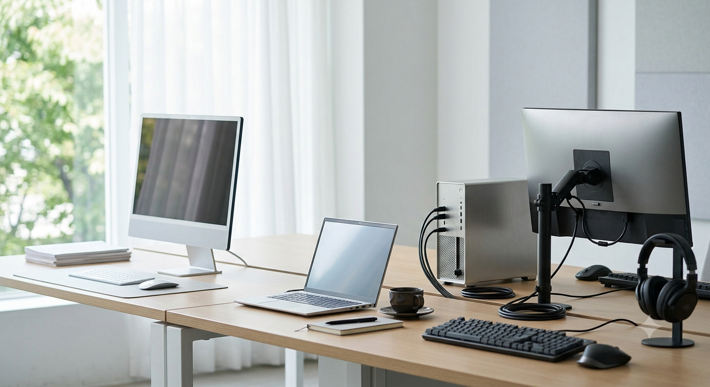 Escritório com computadores Apple alugados